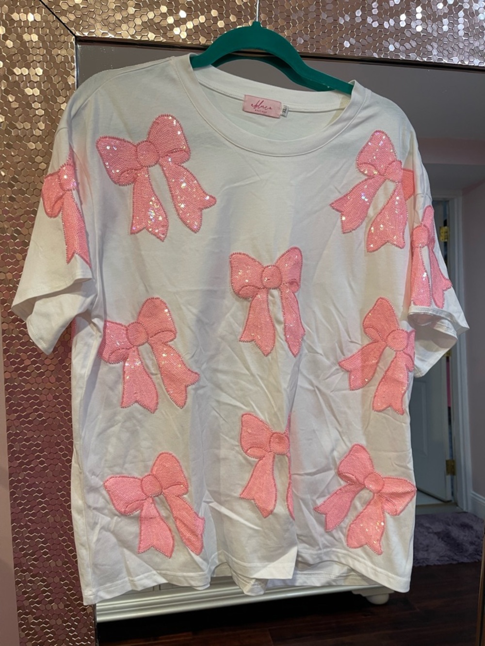 White Tee with Pink Sequin Bows